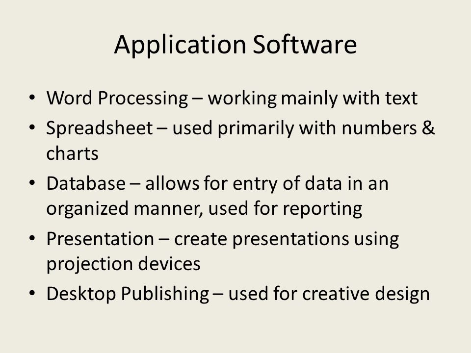 Application Software Word Processing – working mainly with text