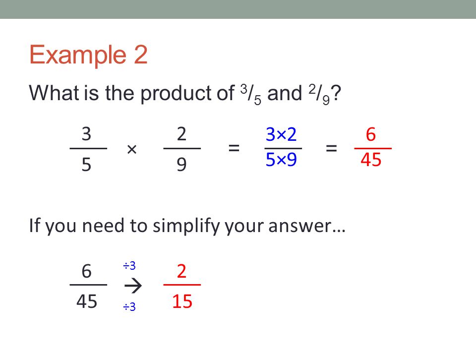 Example 2 What is the product of 3/5 and 2/