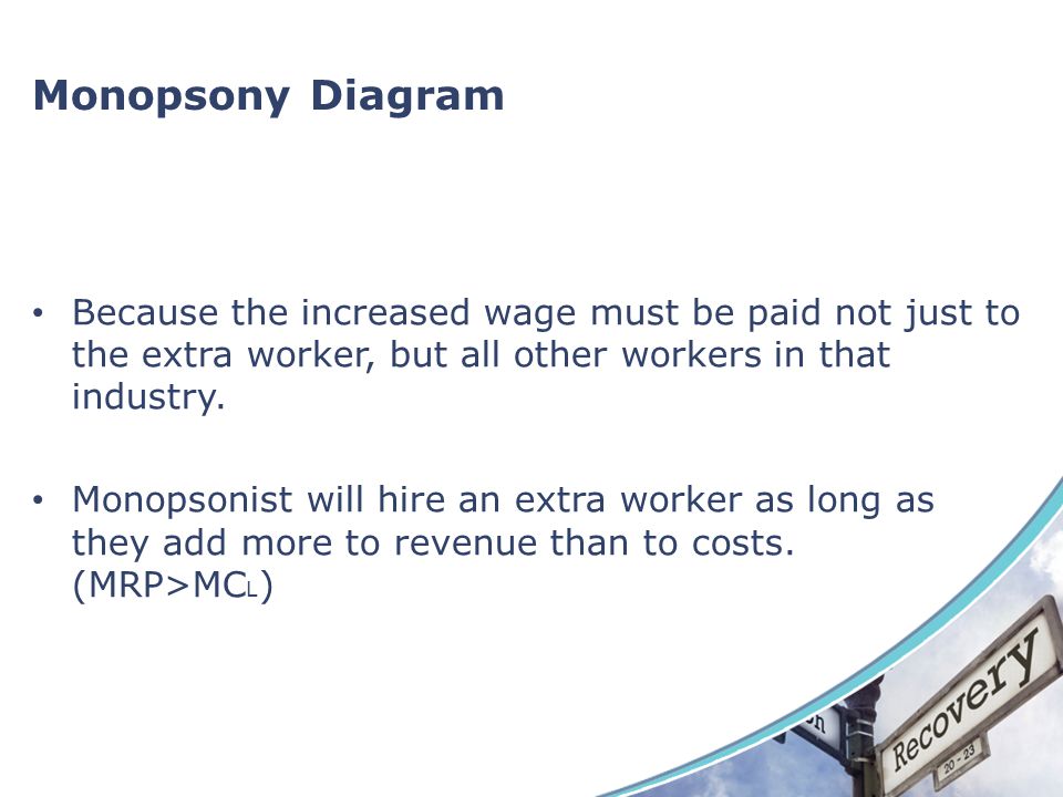 Monopsony Diagram Because the increased wage must be paid not just to the extra worker, but all other workers in that industry.
