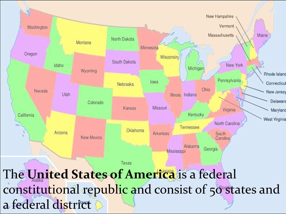 The United States of America is a federal constitutional republic and consist of 50 states and a federal district