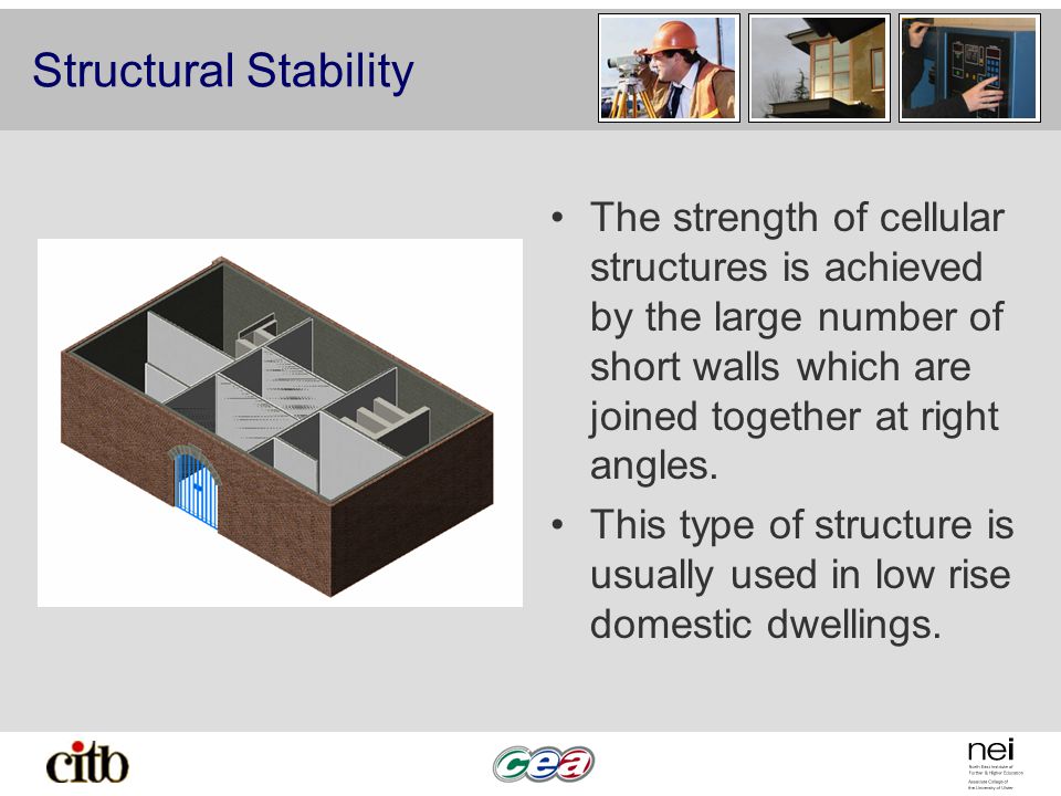 Structural Stability The strength of cellular structures is achieved by the large number of short walls which are joined together at right angles.