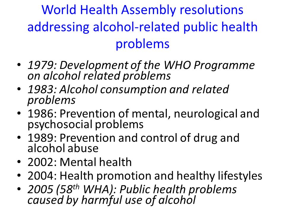 World Health Assembly resolutions addressing alcohol-related public health problems