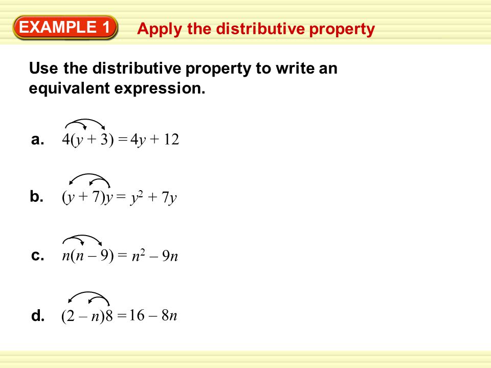 EXAMPLE 1 Apply the distributive property. Use the distributive property to write an equivalent expression.