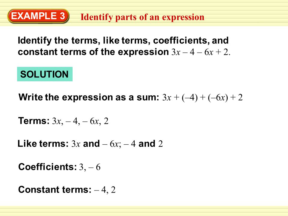 EXAMPLE 3 Identify parts of an expression. Identify the terms, like terms, coefficients, and constant terms of the expression 3x – 4 – 6x + 2.