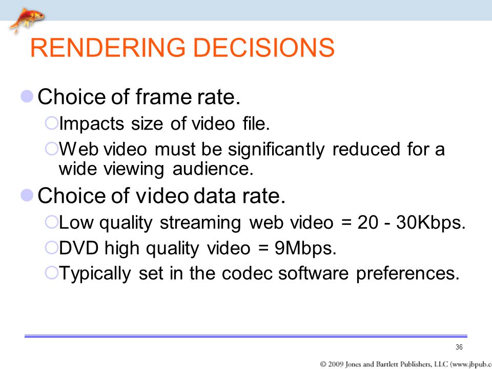 RENDERING DECISIONS Choice of frame rate. Choice of video data rate.