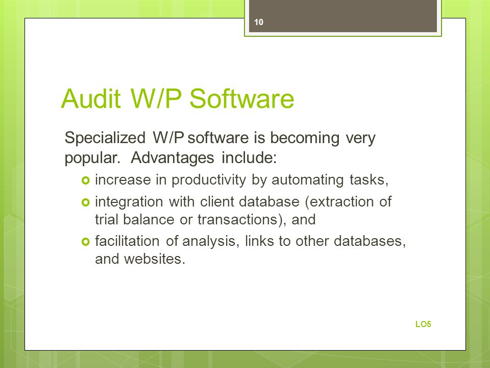 Audit W/P Software Specialized W/P software is becoming very popular. Advantages include: increase in productivity by automating tasks,