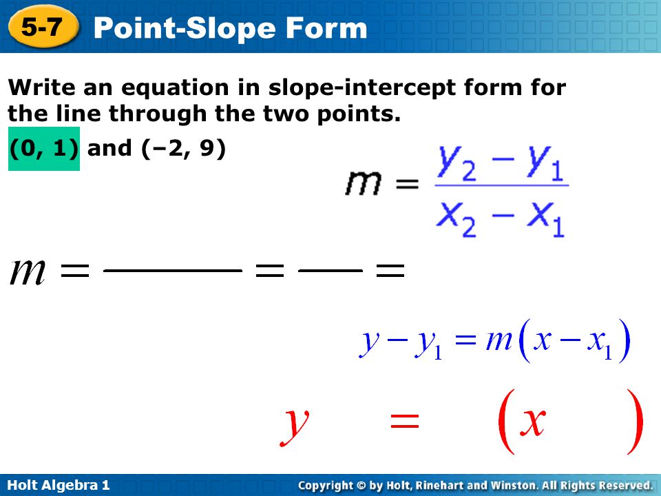 Write an equation in slope-intercept form for the line through the two points.
