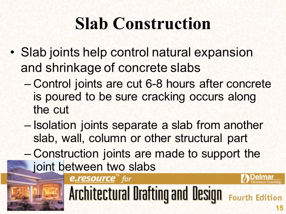 Slab Construction Slab joints help control natural expansion and shrinkage of concrete slabs.
