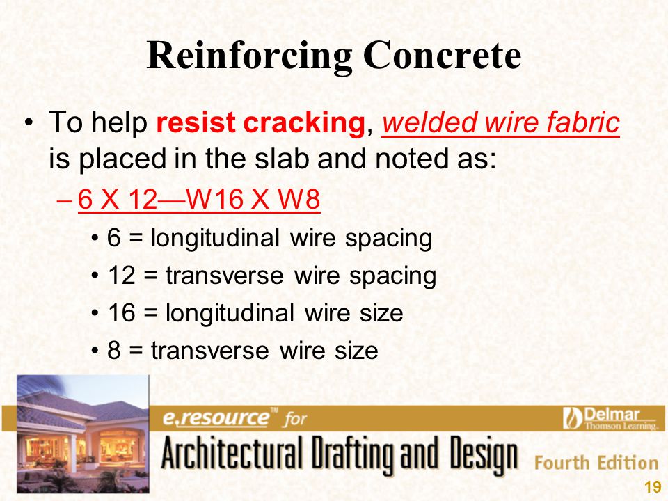 Reinforcing Concrete To help resist cracking, welded wire fabric is placed in the slab and noted as: