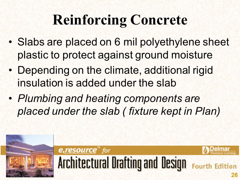 Reinforcing Concrete Slabs are placed on 6 mil polyethylene sheet plastic to protect against ground moisture.