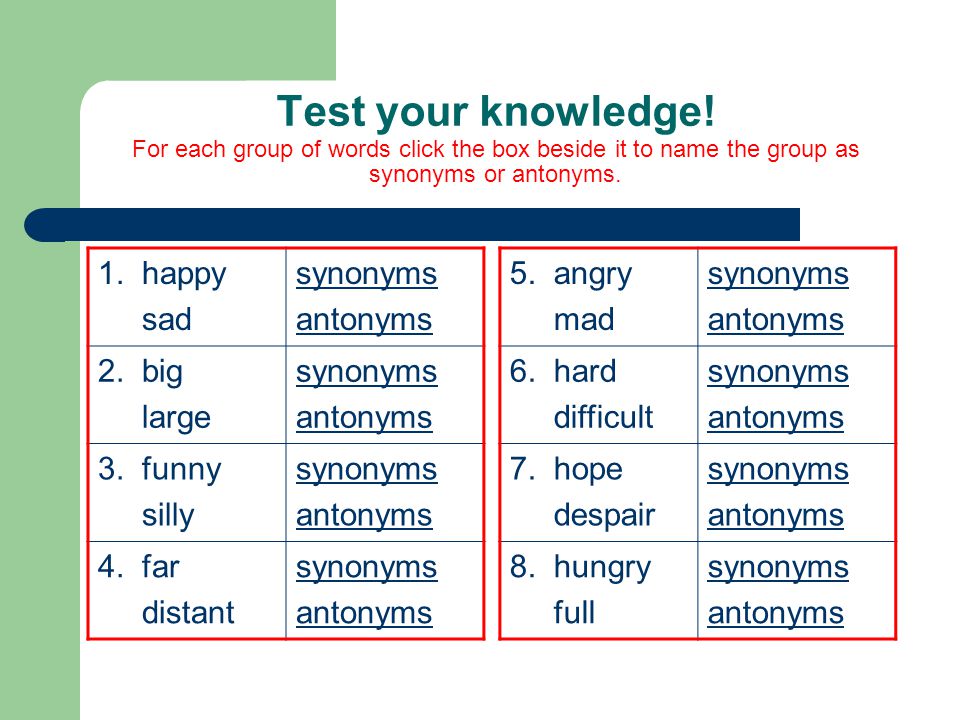 Further tests. Antonym far. Test synonym and antonyms. Hard синонимы. Knowledge synonyms.