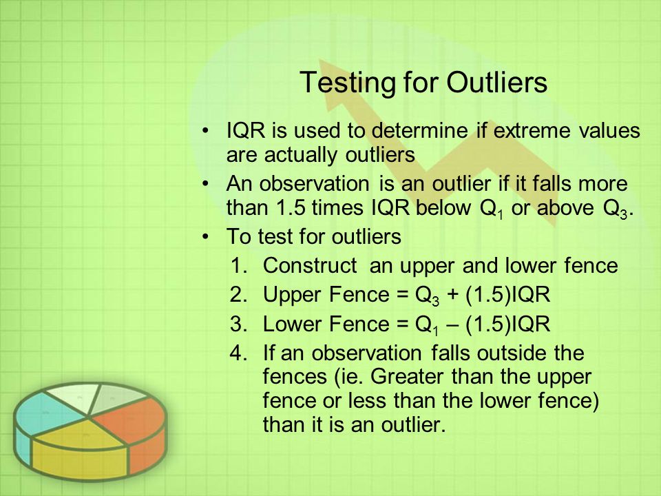 Testing for Outliers IQR is used to determine if extreme values are actually outliers.