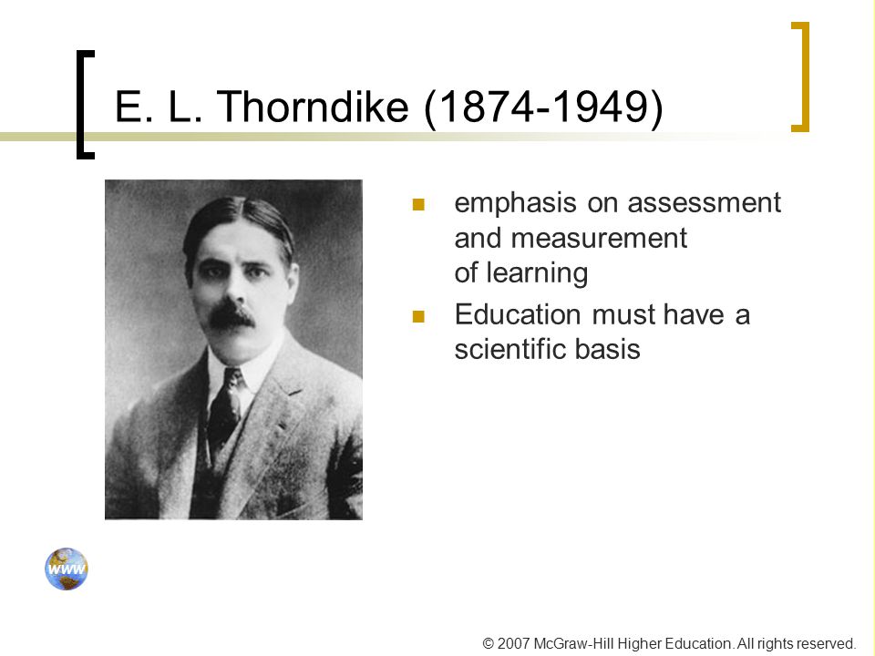 E. L. Thorndike ( ) emphasis on assessment and measurement of learning.