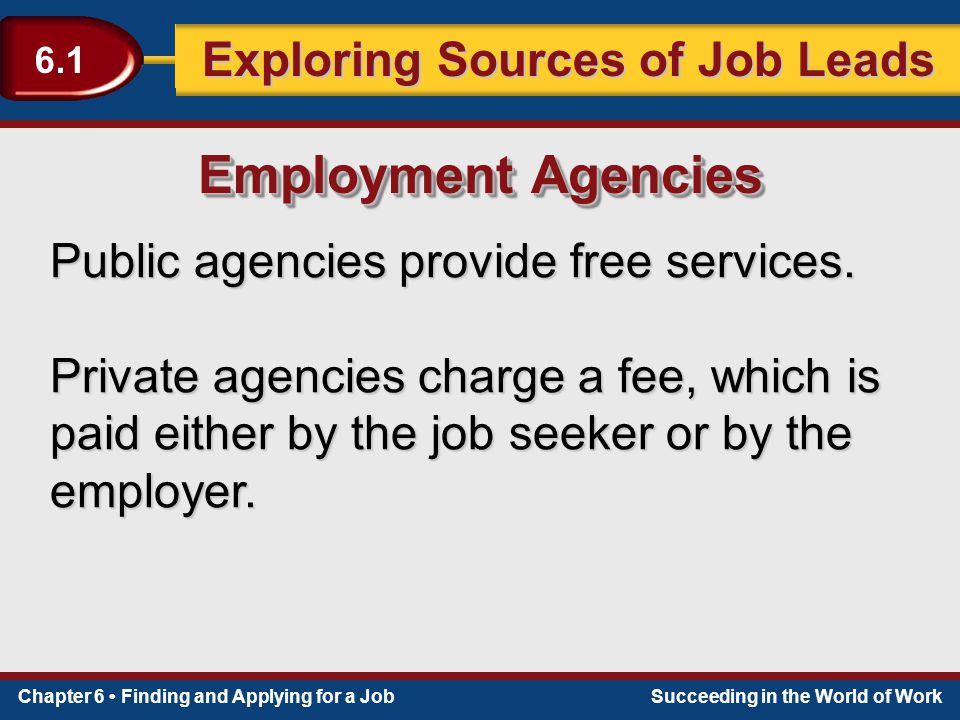 Employment Agencies Public agencies provide free services.