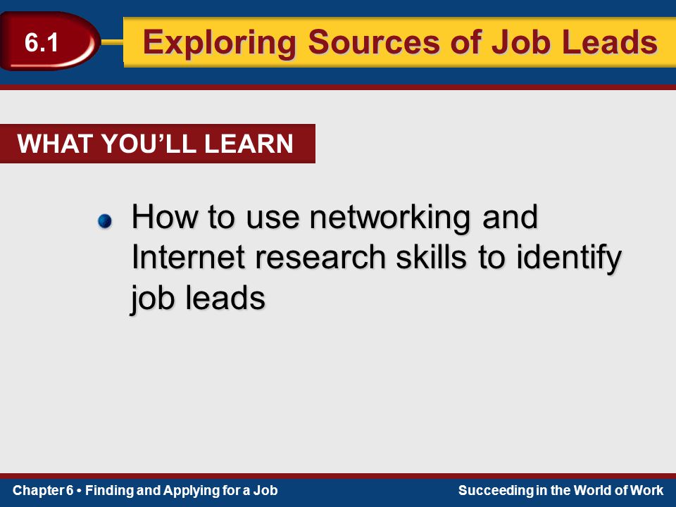 WHAT YOU’LL LEARN How to use networking and Internet research skills to identify job leads