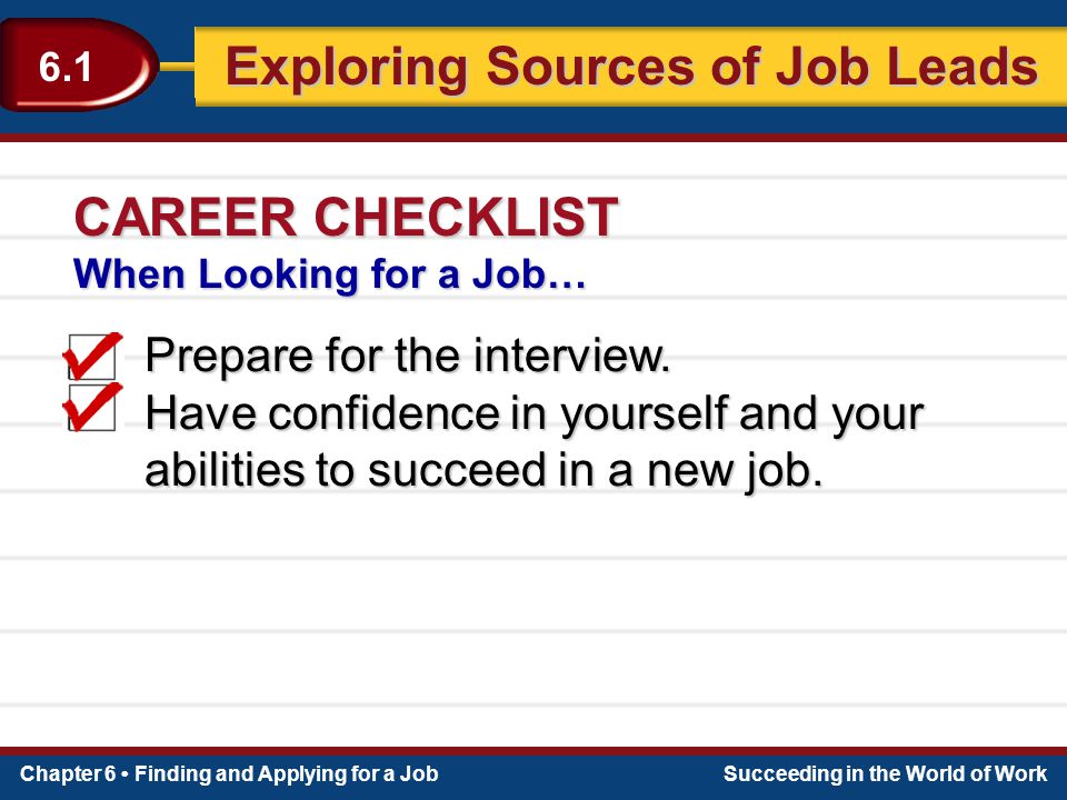 CAREER CHECKLIST Prepare for the interview.