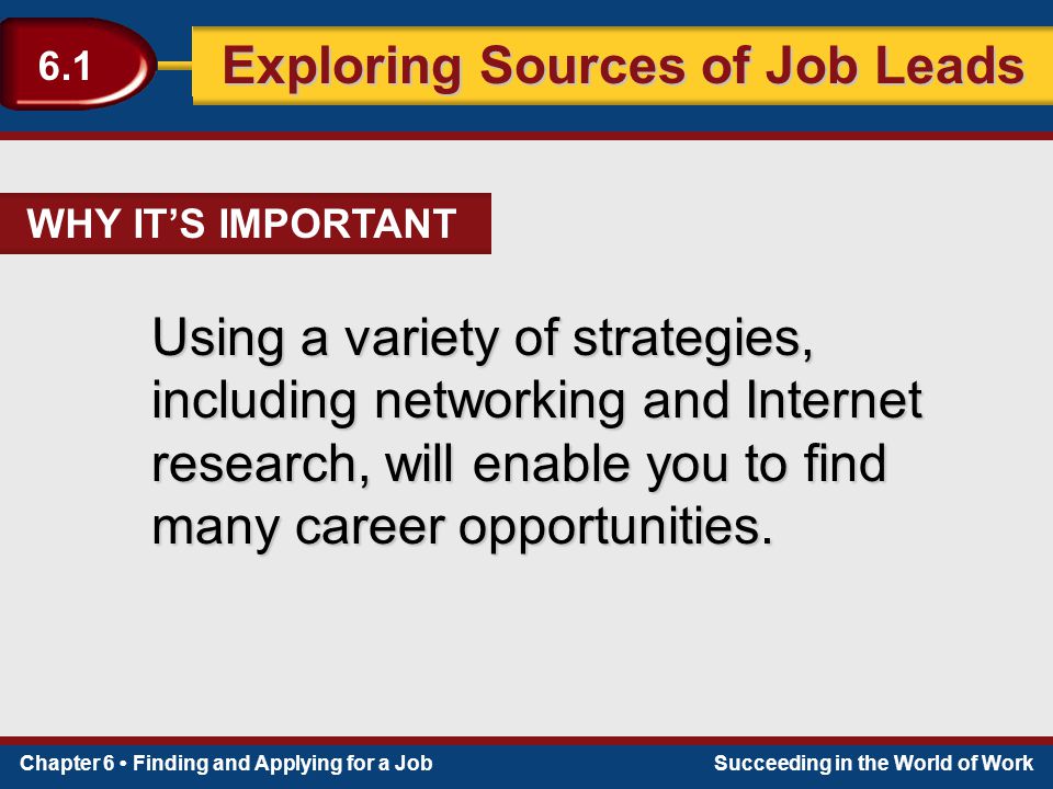 WHY IT’S IMPORTANT Using a variety of strategies, including networking and Internet research, will enable you to find many career opportunities.