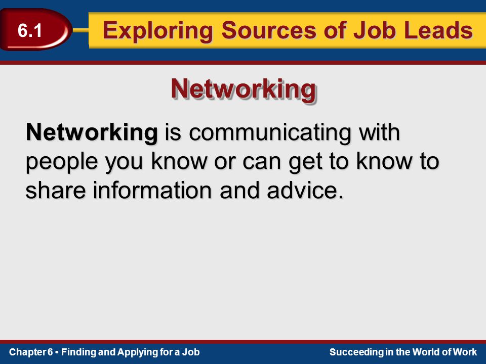 Networking Networking is communicating with people you know or can get to know to share information and advice.