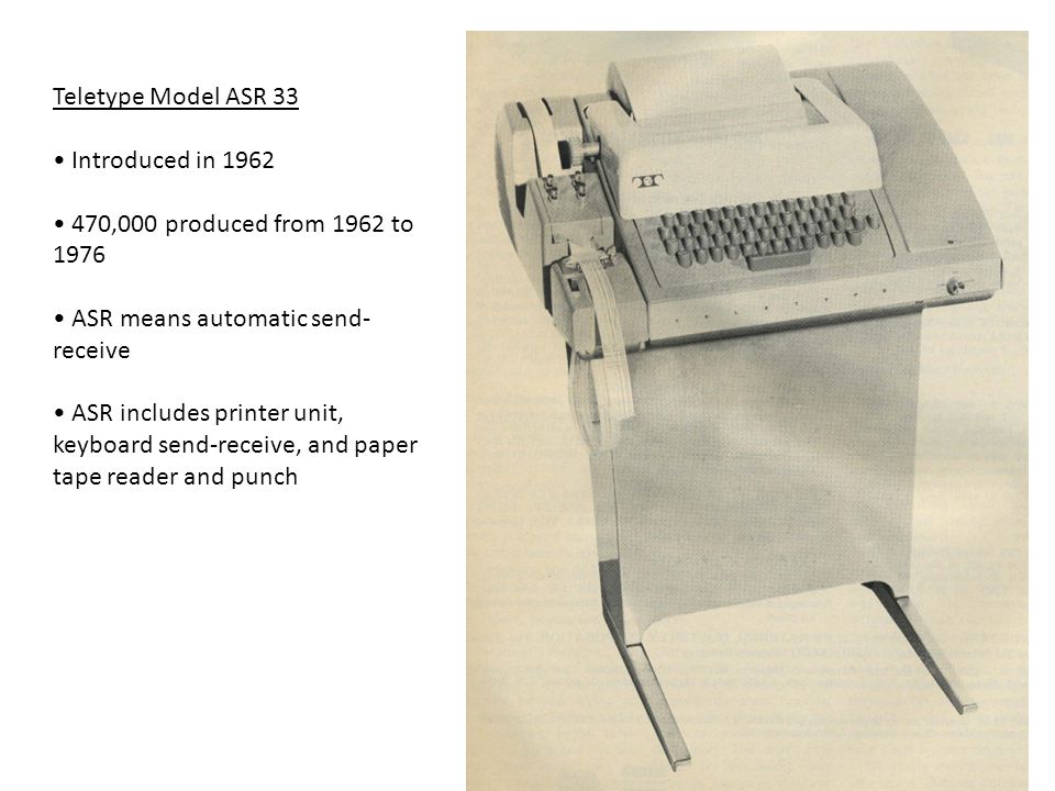 Teletype Model ASR 33 Introduced in ,000 produced from 1962 to ASR means automatic send-receive.
