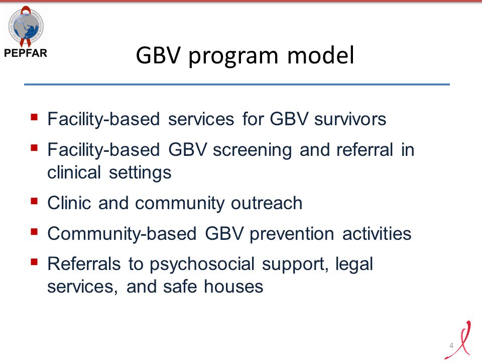GBV program model Facility-based services for GBV survivors