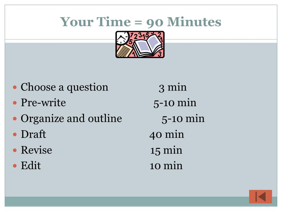 Your Time = 90 Minutes Choose a question 3 min Pre-write 5-10 min