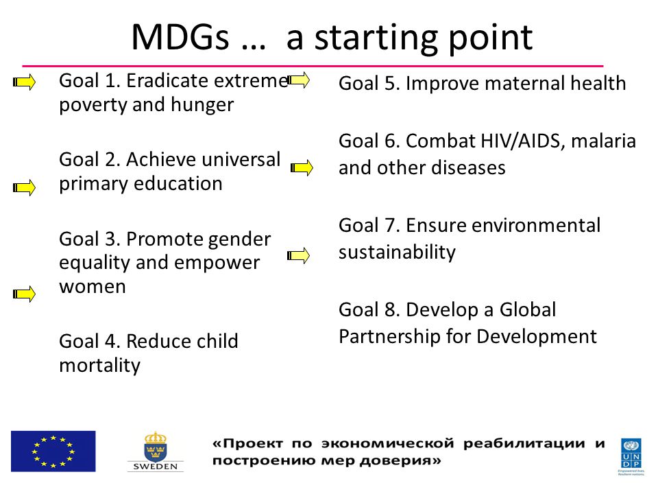 MDGs … a starting point Goal 1. Eradicate extreme poverty and hunger