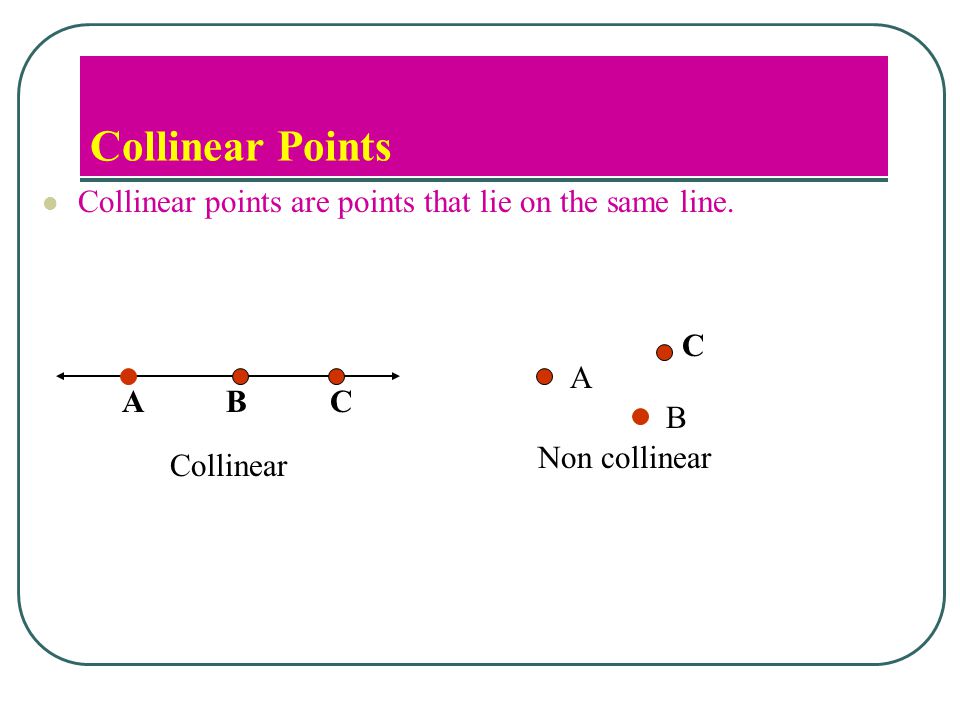 Collinear Points Collinear points are points that lie on the same line. C. A. A. B. C. B. Non collinear.
