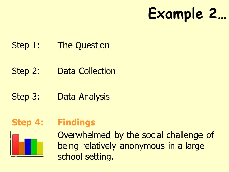 Example 2… Step 1: The Question Step 2: Data Collection