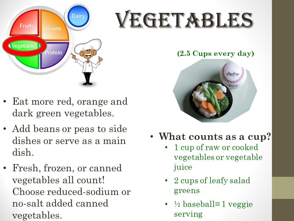 Vegetables Eat more red, orange and dark green vegetables.
