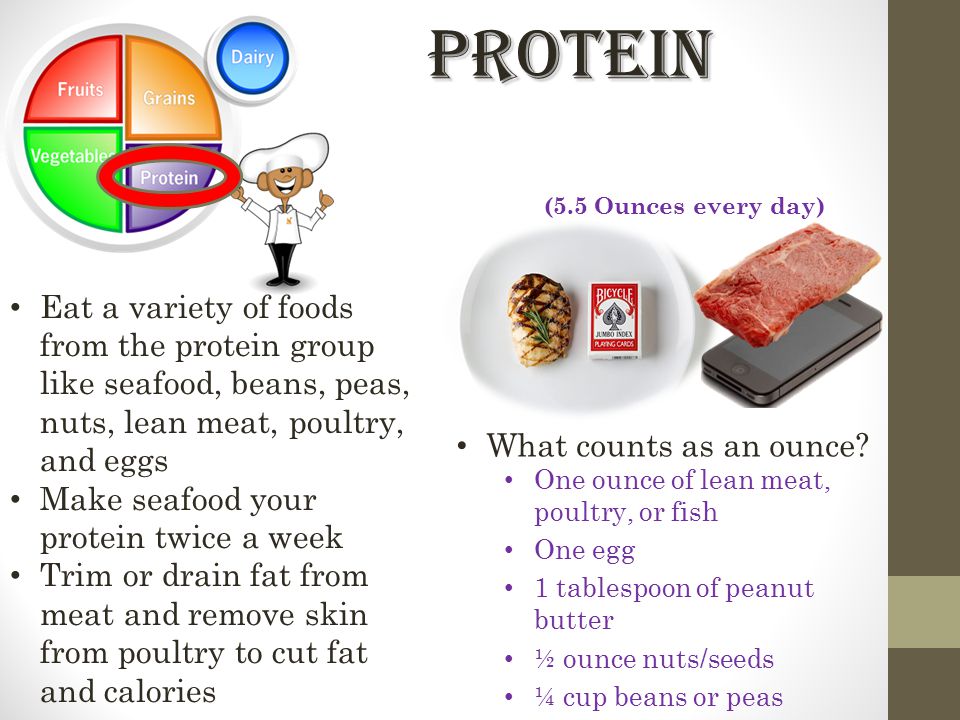 Protein (5.5 Ounces every day) Eat a variety of foods from the protein group like seafood, beans, peas, nuts, lean meat, poultry, and eggs.