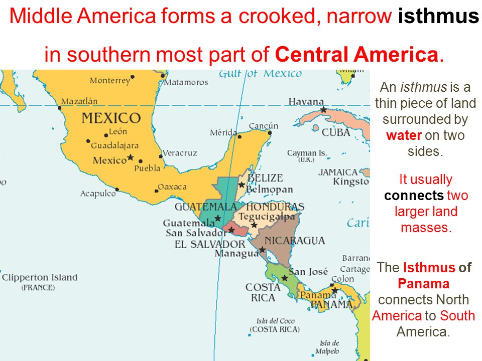 Middle America is made up of Mexico and seven nations south of it.
