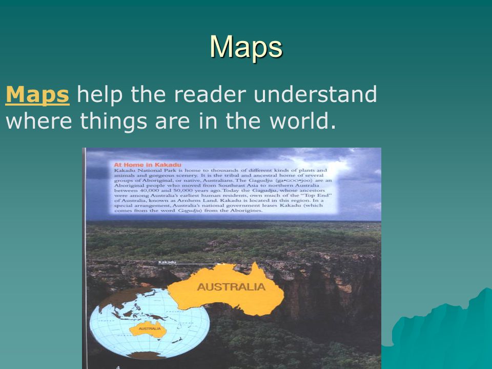 Maps Maps help the reader understand where things are in the world.