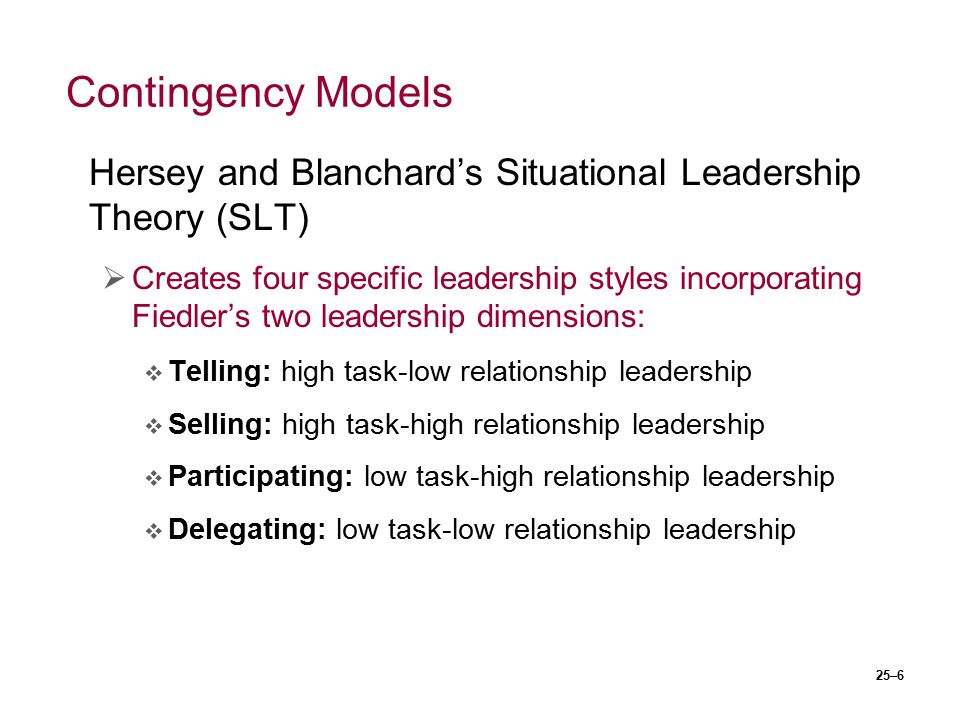Contingency Models Hersey and Blanchard’s Situational Leadership Theory (SLT)