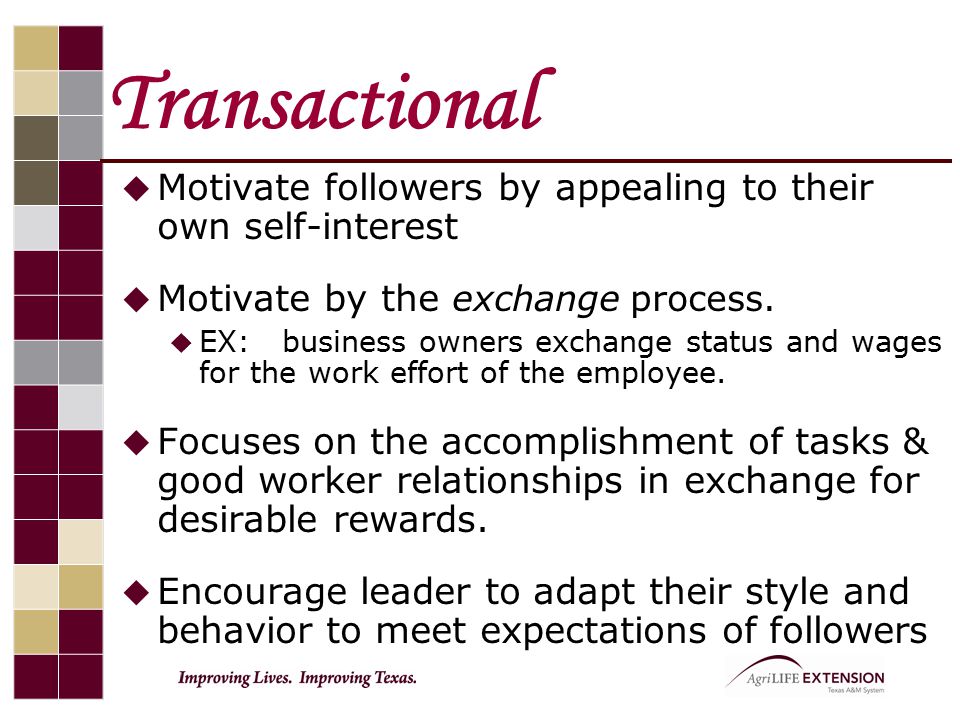 Transactional Motivate followers by appealing to their own self-interest. Motivate by the exchange process.