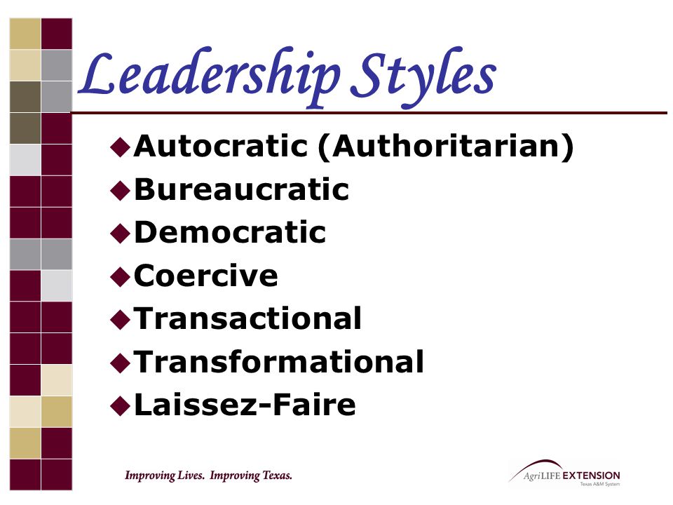 Leadership Styles Autocratic (Authoritarian) Bureaucratic Democratic