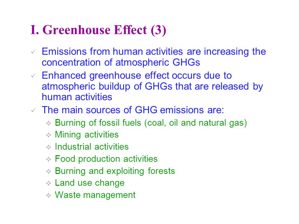 I. Greenhouse Effect (3) Emissions from human activities are increasing the concentration of atmospheric GHGs.