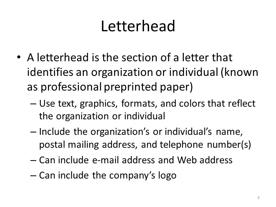 Letterhead A letterhead is the section of a letter that identifies an organization or individual (known as professional preprinted paper)