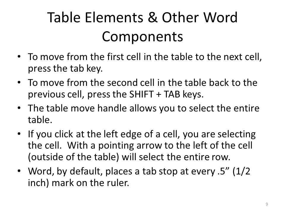 Table Elements & Other Word Components