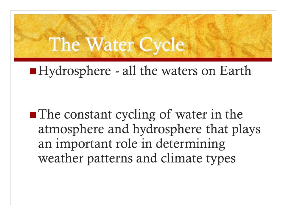 The Water Cycle Hydrosphere - all the waters on Earth