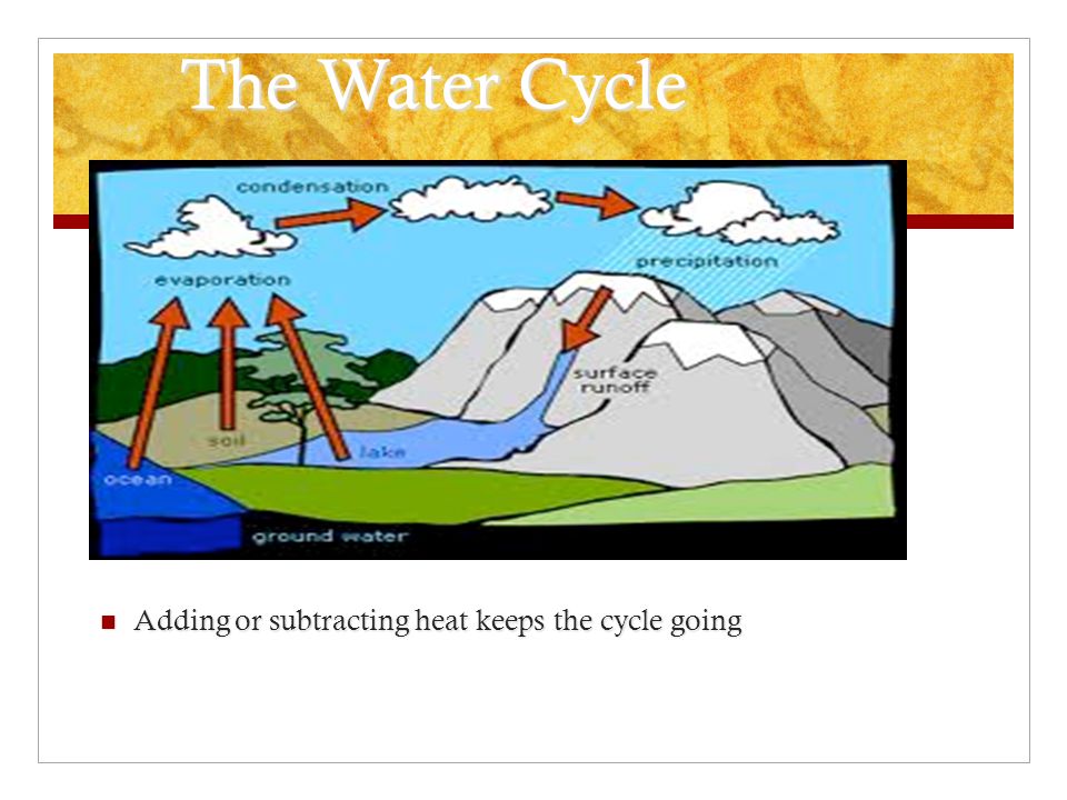 The Water Cycle Adding or subtracting heat keeps the cycle going