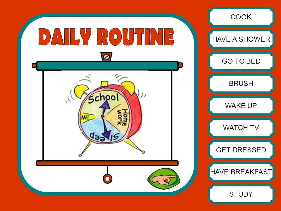 DAILY ROUTINE COOK HAVE A SHOWER GO TO BED BRUSH WAKE UP WATCH TV