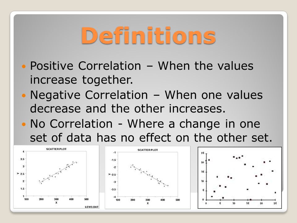 Definitions Positive Correlation – When the values increase together.