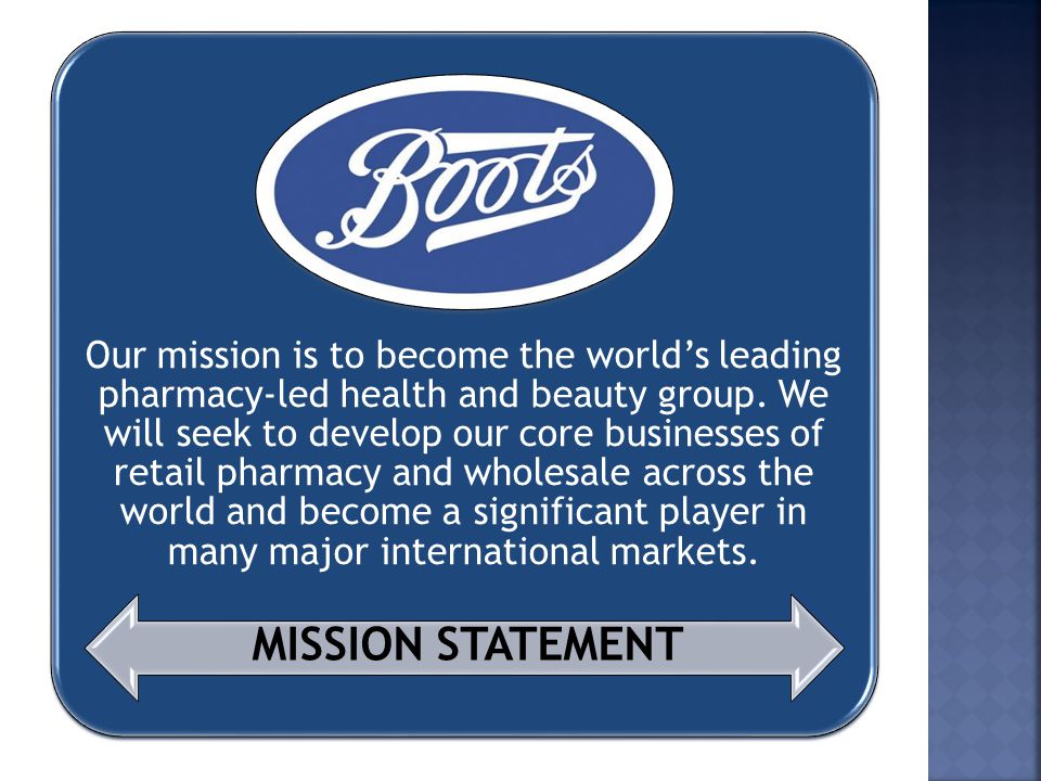 Our mission is to become the world’s leading pharmacy-led health and beauty group. We will seek to develop our core businesses of retail pharmacy and wholesale across the world and become a significant player in many major international markets.