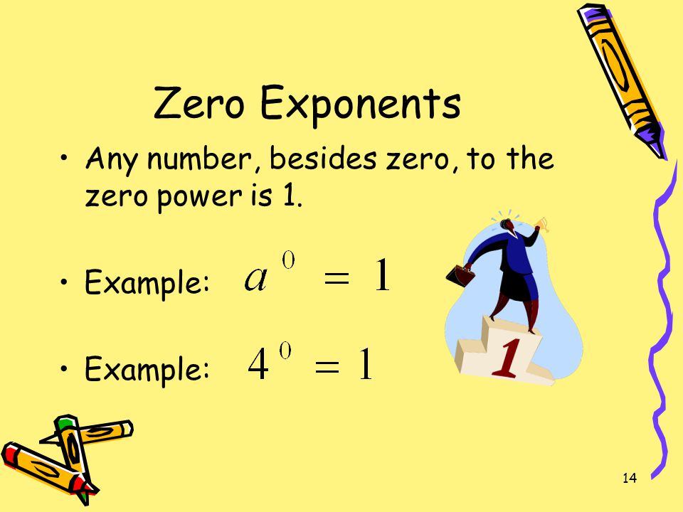 Zero Exponents Any number, besides zero, to the zero power is 1.