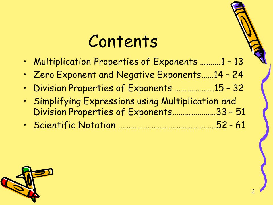 Contents Multiplication Properties of Exponents ……….1 – 13