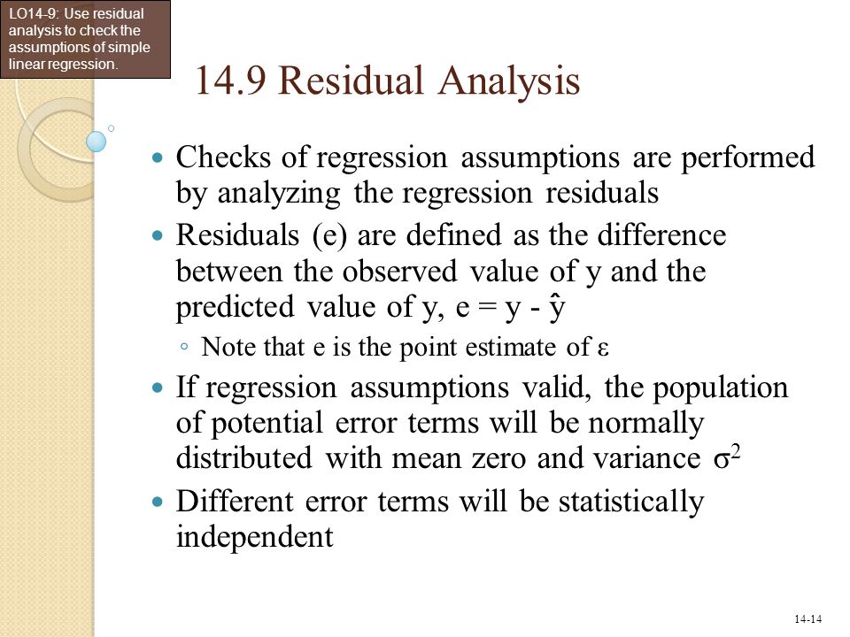 LO14-9: Use residual analysis to check the assumptions of simple linear regression.