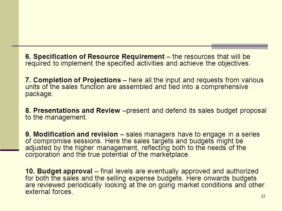 6. Specification of Resource Requirement – the resources that will be required to implement the specified activities and achieve the objectives.