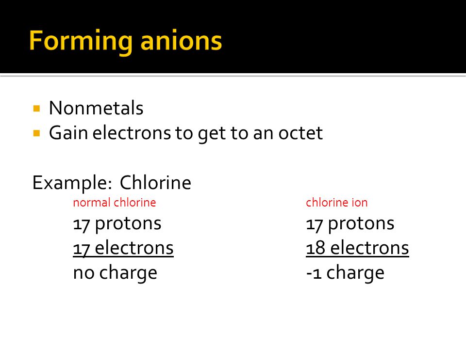 Forming anions Nonmetals Gain electrons to get to an octet