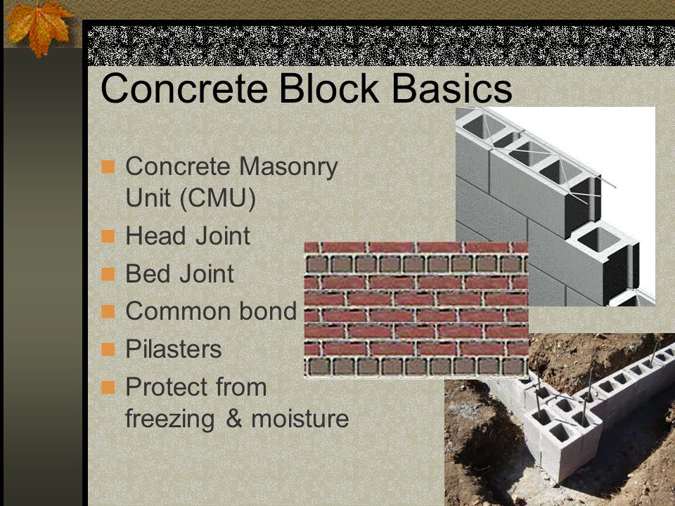 Concrete Block Basics Concrete Masonry Unit (CMU) Head Joint Bed Joint