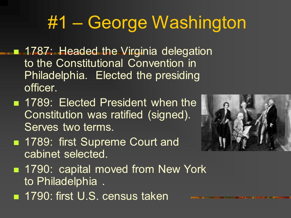 #1 – George Washington 1787: Headed the Virginia delegation to the Constitutional Convention in Philadelphia. Elected the presiding officer.